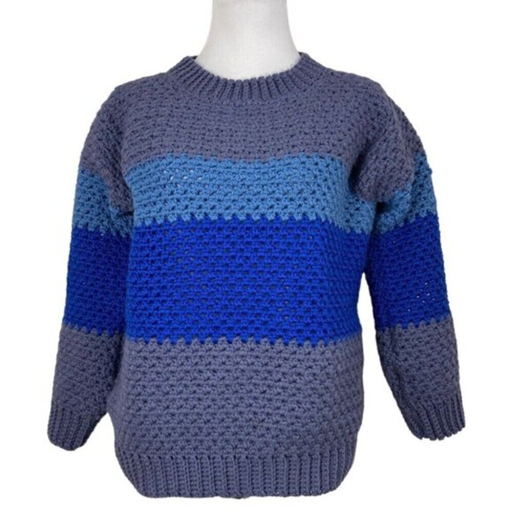 Handmade New Unisex‎ Blue Gray Striped Crewneck 3/4 Sleeve Knit Sweater L/C41